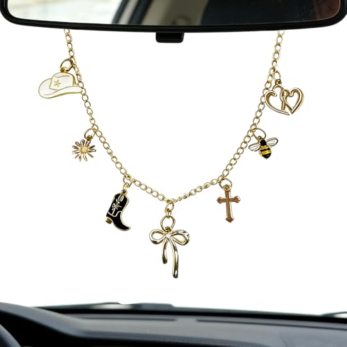 Rearview Mirror Charm for Car,Gold Car Hanging Accessories with Cross Western Cowgirl Sunflower Bee Heart Bow Gifts Cars Decor,Christian Faith Car Accessories Decor,Religion Gifts for Drivers - color: Cowboy - Black