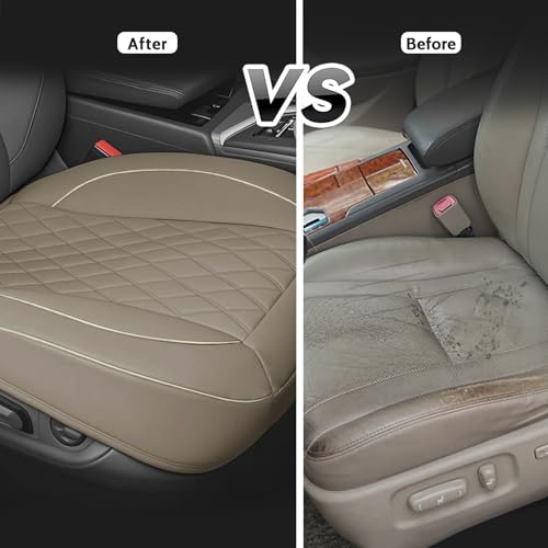 1 Pack PU Leather Quilting Front Car Seat Cover, Anti-Slip Full Wrap-Around Bottom Seat Protector Cushion with Storage Pocket, Universal Fit for Most Vehicles - Beige - color: Beige