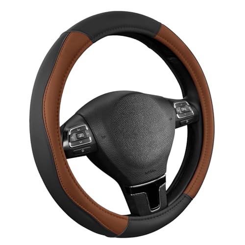 Road Comforts Leather Steering Wheel Cover with Decorative Trim and Piping, Anti-Slip Breathable Design, Fits 14.5–15 Inch Round Steering Wheels, Snug Fit, Stylish Interior Upgrade - Brown - color: Brown