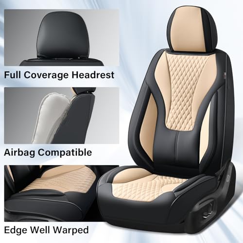Coverado Waterproof Nappa Leather Car Seat Covers, Automotive Seat Covers，Front Car Seat Cushion & Car Seat Protector, Black&Beige Seat Covers Universal Fit for Most Cars, SUVs, Trucks - color: Black&Beige, size: Front