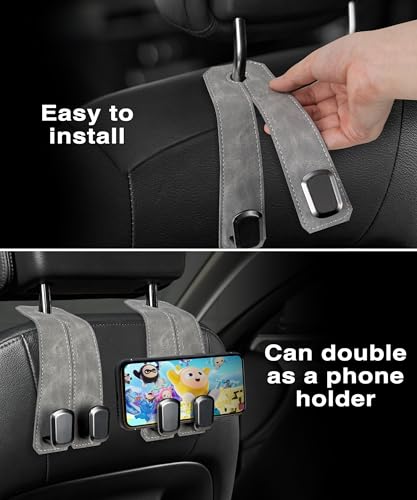 Car Purse Holder - Luxurious Leather, 4PCS Headrest Hooks with 100% Metal Hangers for Seat, Multifunctional Car Bag Hooks, Grey - color: GREY 4Pack