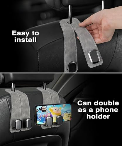 Car Purse Holder - Luxurious Leather, 4PCS Headrest Hooks with 100% Metal Hangers for Seat, Multifunctional Car Bag Hooks, Grey - color: GREY 4Pack