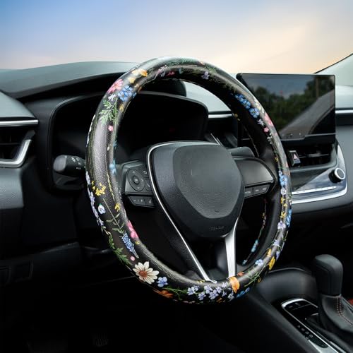 Multicolor Wildflower Steering Wheel Cover Auto Jacquard Steering Wheel Protector, Anti-Slip, Breathable, Absorbing Sweat, Universal Car Accessories 14.5–15 inch,Fit for Most Car, Trucks, SUV - style: Wild Flower