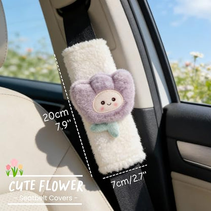 4 PCS Seat Belt Cover Pad, Cute Flower Floral Seatbelt Covers, Winter Plush Fluffy Soft Seatbelt Cushion, Car Seat Strap Pads (4 Colors)