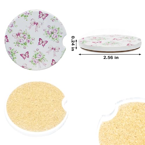Ceramic Car Coasters, 2 Pack, 2.64" Absorbent Car Cup Holder Coasters, Cute Ceramic Car Coasters for Women, Butterfly Rose & Bow Pattern - color: Butterfly Rose Bow