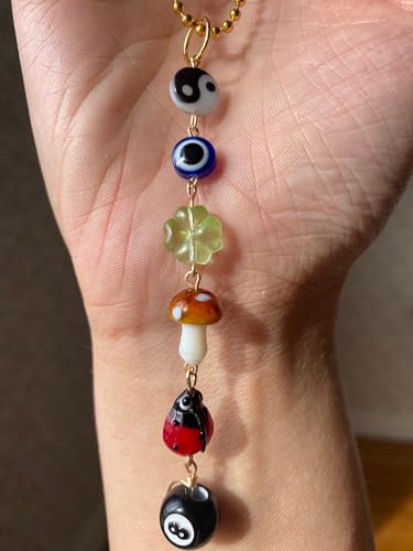 Evil Eye Car Hanging Ornament,Good Lucky Days Car Charm,8 Ball Mushroom Four-Leaf Clover Pendant for Car Rear View Mirror,Cute Boho Evil Eye Ladybug Yin Yang Symbol Decor Accessories