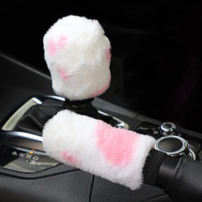 Pinbola 5pcs in 1 Set Faux Wool Steering Wheel Cover Soft Fluffy Handbrake Cover & Gear Shift Cover & 2pcs Seat Belt Shoulder Pads Warm Universal Fit for 15 Inch (Cow Pink) - color: Cow Pink