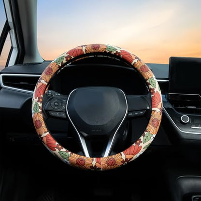 Sunflower Retro Steering Wheel Cover Auto Jacquard Steering Wheel Protector, Anti-Slip, Breathable, Absorbing Sweat, Universal Car Accessories 14.5–15 inch,Fit for Most Car, Trucks, SUV - style: Sunflower Retro