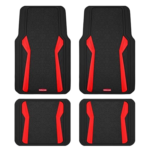 Rubbermaid Car Floor Mats Full Set,Premium Heavy Duty All-Weather Car Mats– Rugged Rubber with Brushed Aluminum Inserts, Universal Trim-to-Fit, Anti-Slip Backing for Cars, SUVs, Trucks & Vans - Red - color: Red