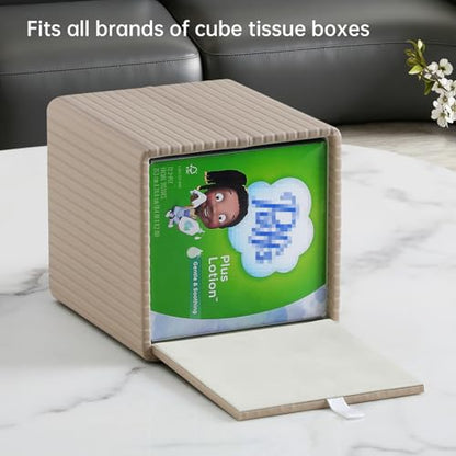 PU Leather Tissue Box Cover Square Tissue Box Holder with Magnetic Closure (Beige Fluted) - color: Beige Fluted