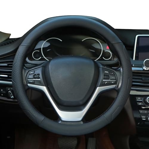 Leather Steering Wheel Cover for Chevy Silverado 1500 2500 3500, for GMC Sierra 1500 2500 3500, for Toyota RAV4 Corolla Camry, for Jeep Wrangler Grand Cherokee Compass, 14.5-15 inch (Black) - color: black