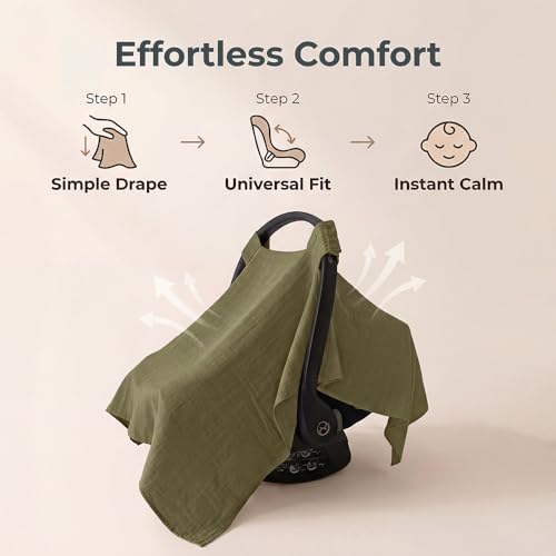 MOZAH Baby Car Seat Cover - Roman Green - 100% Organic Muslin - Soft, Breathable and Lightweight, Baby Infant Car Seat Essentials