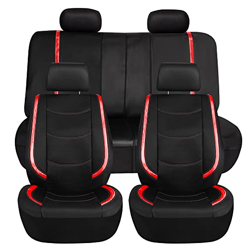 FH Group Galaxy13 Metallic Striped Deluxe Leatherette Car Seat Covers with Matching Carpet Floor Mats – Full Set, Universal Fit, Airbag Compatible for Cars, SUVs & Sedans, Red - color: Red