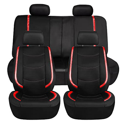 FH Group Galaxy13 Metallic Striped Deluxe Leatherette Car Seat Covers with Matching Carpet Floor Mats – Full Set, Universal Fit, Airbag Compatible for Cars, SUVs & Sedans, Red - color: Red