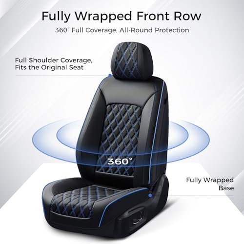 Huidasource Car Seat Covers Front Seats, Leather Front Seat Covers, Truck Seat Covers Universal Fit Front Seat, Airbag Compatible, for Most Cars, Vans, Trucks, SUVs(Front Pair/Black&Blue)