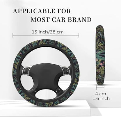 Vintage Daisy Leaves Flowers Steering Wheel Cover for Women, Anti-Slip Elastic Breathable Soft Rubber Car Steering Wheel Protective Cover, Universal 15 Inch Fit for Cars, Auto, SUVs