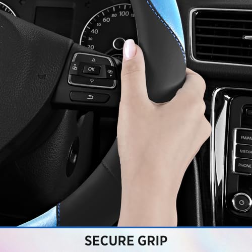 Road Comforts Steering Wheel Cover – Breathable Leather Steering Wheel Cover, Anti-Slip Grip, Universal Fit 14.5” to 15”, Heat & Cold Resistant for Cars, SUVs, and Trucks – Black & Metallic Blue - color: Black&Metallic Blue