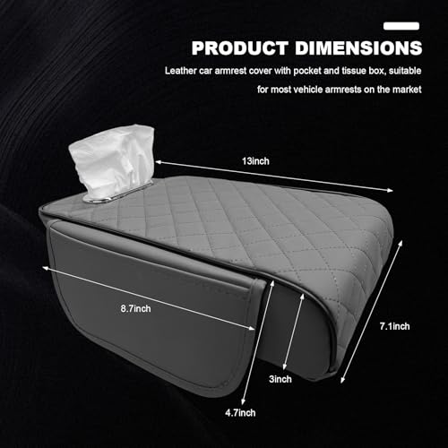 Car Center Console Cover, 13 × 7.1 × 3.0 Inch Leather Auto Armrest Cover with Pockets & Tissue Box, Waterproof Comfortable Center Console Cushion Pad for Cars Trucks SUVs (Gray) - color: Gray