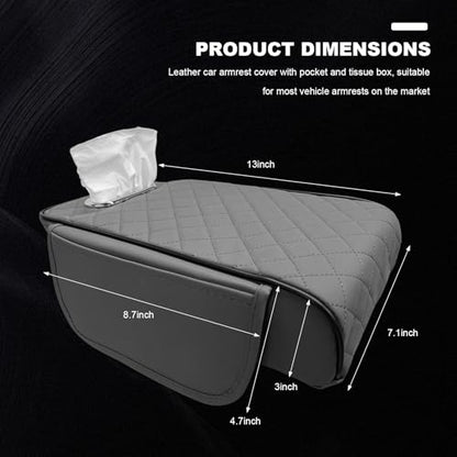 Car Center Console Cover, 13 × 7.1 × 3.0 Inch Leather Auto Armrest Cover with Pockets & Tissue Box, Waterproof Comfortable Center Console Cushion Pad for Cars Trucks SUVs (Gray) - color: Gray