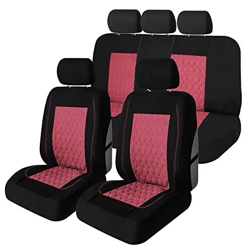 Universal Fit Diamond Stitched Flat Cloth Car Seat Covers Full Set - Burgundy - color: Burgundy