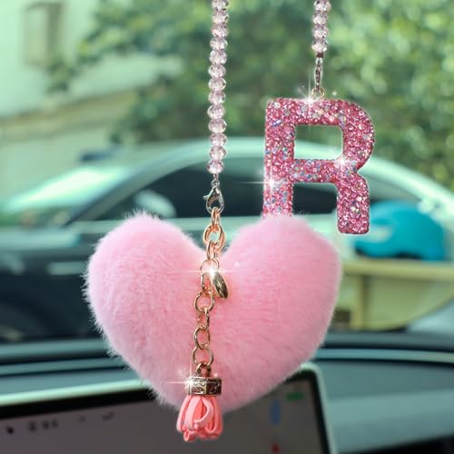 Bling Pink Car Accessories for Women Letter Charm, Rainbow Color Rear View Mirror Cute Crystal Pendant Car Decorations, Lucky Gifts Diamond Rhinestone Charm Interior (R, Tassel Heart) - color: Pink R