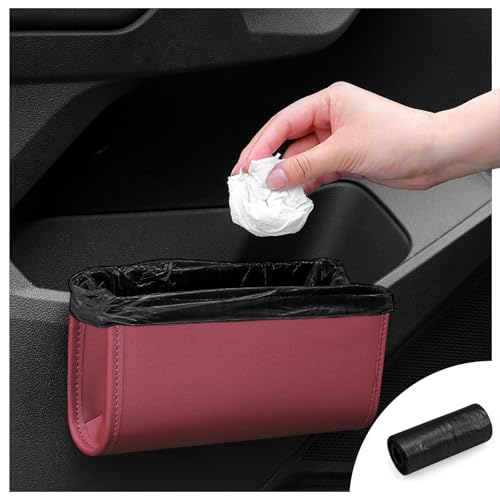 Car Trash Can, Universal Leather Cars Garbage Bin Organizer Holder with A Roll of Garbage Bag, Foldable Hanging Mini Automotive Storage Must Have Essentials Interior Accessories (Wine Red) - color: Wine Red
