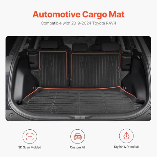 VEVOR Cargo Mats Compatible with Toyota RAV4 2019-2024, Custom Fit TPE Cargo Liner Set for SUVs, Trunk and Rear Back Seat Protector Replacement, Black, Trunk Mat and Backrest Mats - style: Toyota RAV4 2019-2024