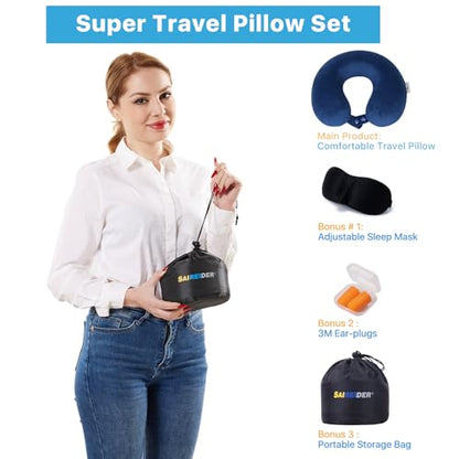 SAIREIDER Travel Pillow 100% Memory Foam Airplanes Neck Pillows -Prevent The Heads from Falling Forward Travel Neck Pillows with Sleep Mask and Earplugs (Navy Blue) - color: Navy Blue(travel Kit)