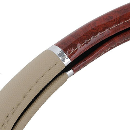 BDK Dark Wood Grain Car Steering Wheel Cover, Standard 15 inch with Beige Faux Leather Grip, Made to Fit Most Auto Truck Van SUV - color: #1-Beige / Dark Wood, size: Fits 14.5 - 15" SW