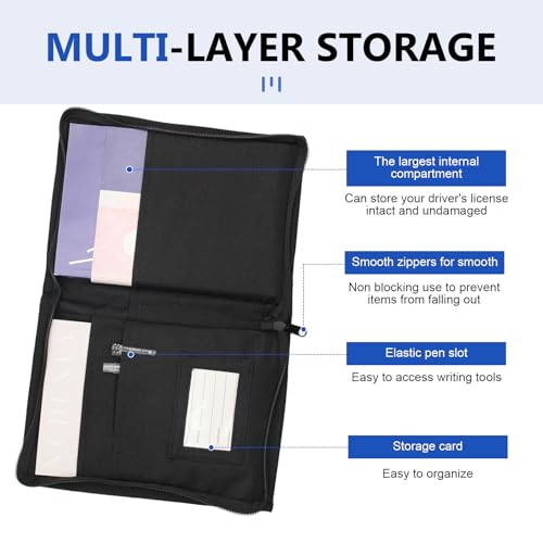 Glove Box Compartment Organizer, Car Registration and Insurance Holder, Oxford Cloth Multi-Pocket Portable Document Case with Smooth Zipper for Auto License Card (Black)