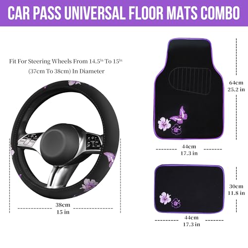 CAR PASS Butterfly Steering Wheel Cover and Waterproof Car Floor Mats,Purple Car Mats 14.5-15inch Steering Wheel Covers Universal Fit for Suvs,Sedans Cars,for Women Girl(Black and Purple) - color: Black and Purple Butterfly