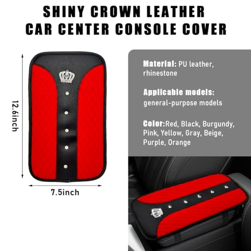 Bling Crown Car Center Console Mats, Anti-Slip and Waterproof Crystal Car Armrest Pad Protector, Universal Rustproof Armrest Decor Cushion for Cars & SUVs, Car Accessories (Red) - color: Red