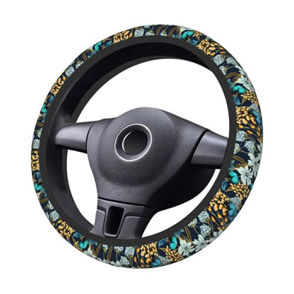 Floral Butterfly Blue Steering Wheel Cover for Women Elastic Rubber Steering Wheel Universal 15 Inch Fit for Cars, Auto, SUVs