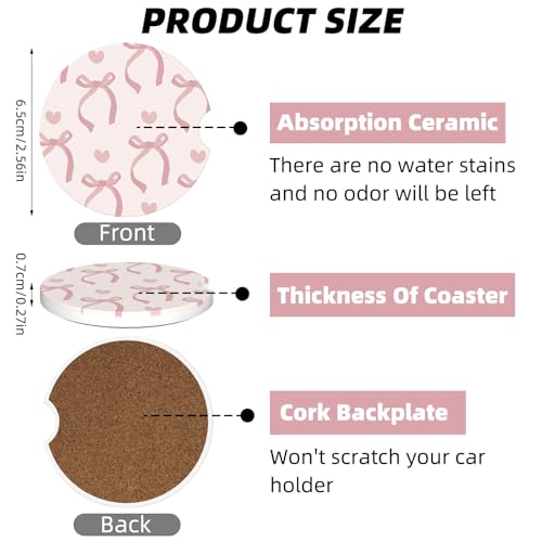 4Packs Car Coasters for Cup Holders，2.6 Inch Absorbent Ceramic Coasters with A Finger Notch Universal Anti Slip Auto Cup Holder Coasters Cute Car Accessories for Women Girls (Bow, Pink and Black)