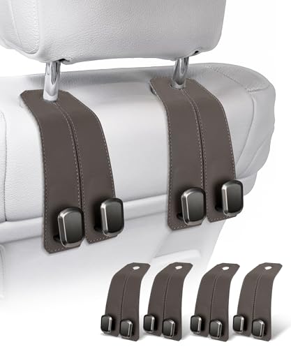 Car Hooks for Purses, 4PCS Car Purse Holder Hook Luxurious Leather 100% Metal Car Hooks for Headrest Multifunctional Car Hangers for Seat Car Seat Back Storage Hook Accessories (Brown) - color: BROWN 4Pack