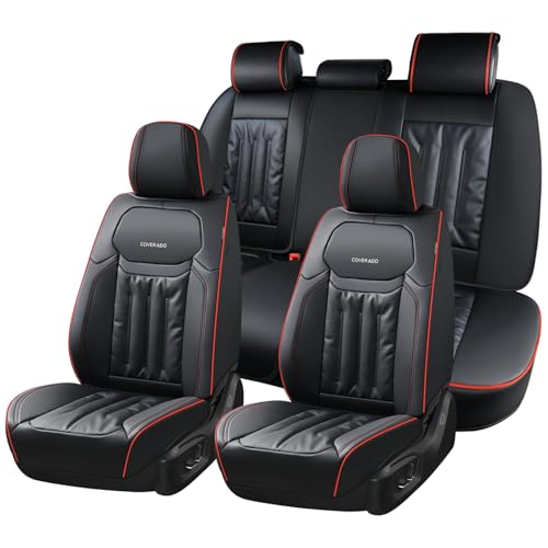 Coverado Car Seat Covers, Full Set Seat Covers for Cars 5 Seats, Car Seat Protector, Waterproof Nappa Leather Car Seat Cushion, Universal Fit for Most Cars, Black&Red Line - color: Black&Red Line, size: Full Set