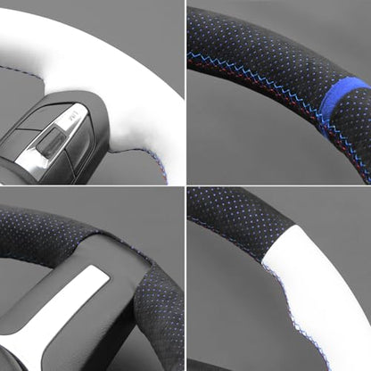 MEWANT Hand-Stitched Steering Wheel Cover for BMW (M Sport) F22 F23 F30 F34 F32 F33 F36 F10 F07 F12 F13 F06 F39 F25 F26 F15 F16, DIY Custom Fit Steering Wheel Wrap for BMW - color: 13:IT-ALCAN with blue layer & white leather