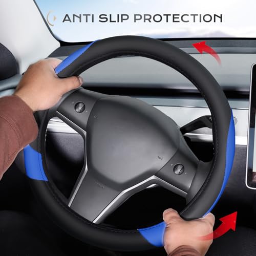 Coverado Car Steering Wheel Cover, Nappa Leather Black & Blue Steering Wheel Covers for Women, Universal 14-15 inch, Anti-Slip, Breathable Steering Wheel Protector - color: B-BlackBlue