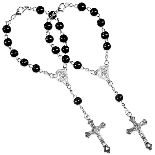 2PCS Car Rosary for Rearview Mirror, Catholic Rosary Pendant Personalized Rear View Mirror Charms, Medal & Cross Auto Hanging Ornament Decorative Accessories for Women Men (Black) - color: Black