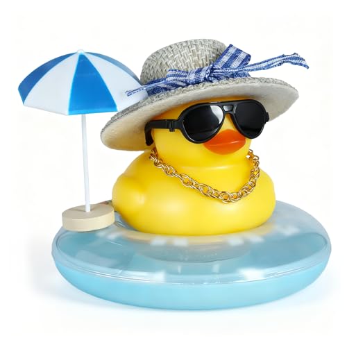 Funny Fashionable Rubber Duck Car Ornament with Blue Bow Straw Hat, Necklace, Black Sunglasses, Blue Umbrella & Blue Swim Ring - Yellow Duck Decoration Dashboard for Car, Home, and Office - color: Style11