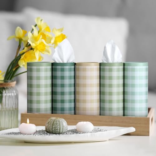 12 Set Green Plaid Tissue Boxes for Car Cylinder Bulk Fresh Plaid Round Cylinder Holder with 3 Ply Facial Tissues for Spring Summer Travel Bathroom Office Decoration - style: Green Plaid