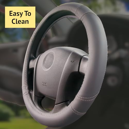 Steering Wheel Cover, Gray, Real Genuine Leather, 15 inch, for Men and Women, Universal, Stretch On, Heat Resistant, Stays Cool, Non-Slip, HANWOLF - color: Dark Gray, size: Medium (14.5 to 15.375 inch diameter)
