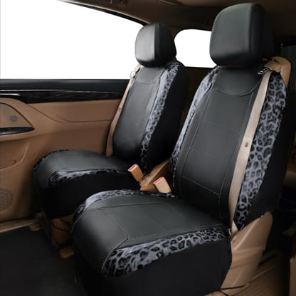 Flying Banner car seat Covers Quality Carbon Fiber Air Mesh Fabric Sport Low High Back Bucket Back Pocket Arm Rest (2 Fronts-Low Bucket-Built-in Seatbelt Compatible, Leopar Gray - Faux Leather) - color: Leopar Gray - Faux Leather -- Built-in Seatbelt Comp