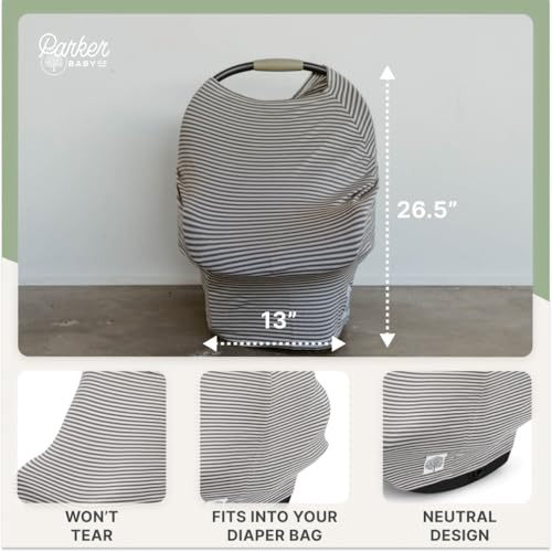 Parker Baby 4 in 1 Car Seat Cover for Girls and Boys - Stretchy Carseat Canopy, Nursing Cover, Grocery Cart Cover, High Chair Cover - “Pewter/Snow Stripes” - color: Pewter/Snow Stripes