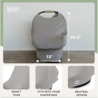 Parker Baby 4 in 1 Car Seat Cover for Girls and Boys - Stretchy Carseat Canopy, Nursing Cover, Grocery Cart Cover, High Chair Cover - “Pewter/Snow Stripes” - color: Pewter/Snow Stripes