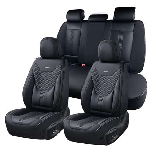 Coverado Car Seat Covers Full Set, Front Seat Covers with Lumbar Support and Back Seat Cover Waterproof Leather Automotive Seat Cover, Universal Car Interior Protectors Cushion for Most Cars - color: Black, size: FullSet