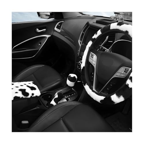 4 PCS Cow Print Car Accessories Set, Cute Cow Print Plush Wheel Shift Knob Protector for Winter Warm, Soft Fluffy Printed Handbrake Covers Armrest Pad for Women Girls - color: 4PCS Set