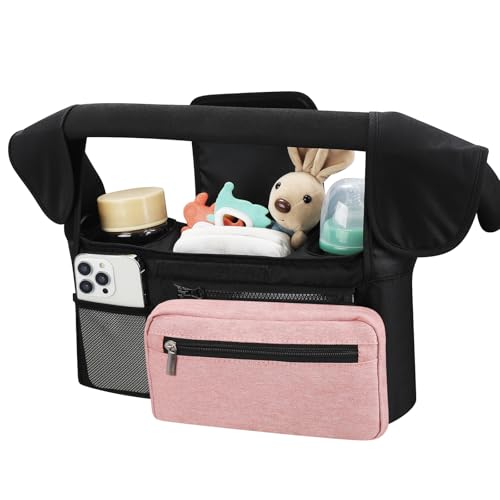 Accmor Universal Stroller Organizer with Insulated Cup Holder Detachable Phone Bag and Shoulder Strap,Stroller Bag Caddy Organizer Fits for Uppababy, Baby Jogger, Britax Strollers - color: Black + Pink Pocket