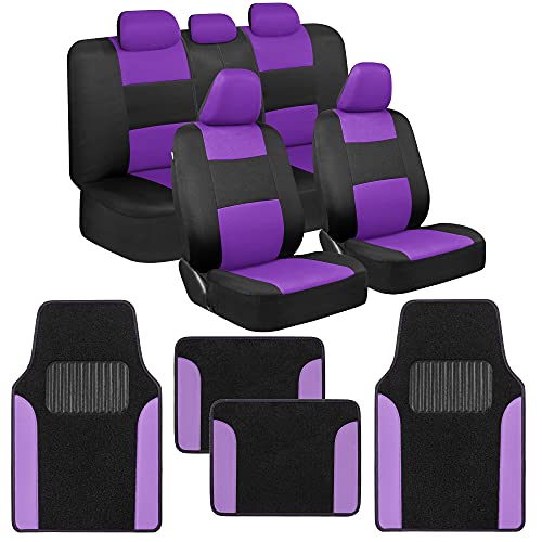 BDK PolyPro Purple Car Seat Covers Full Set with 4-Piece Car Floor Mats - Two-Tone Fits Most Seat Covers for Cars with Carpet Floor Mats, Seat Protector Interior Accessories for Auto Truck SUV - color: Black & Purple