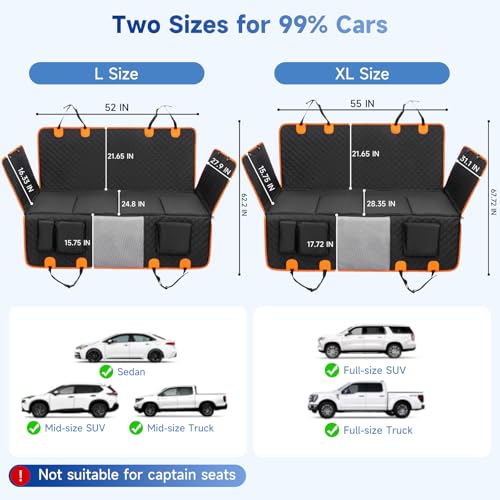 Dog Car Seat Cover for Back Seat Waterproof Oxford Fabric, Hard Bottom Back Seat Extender for Dogs Scratchproof, Dog Hammock for Car with Mesh Window, Fit Most Cars Small Trucks, Black Orange